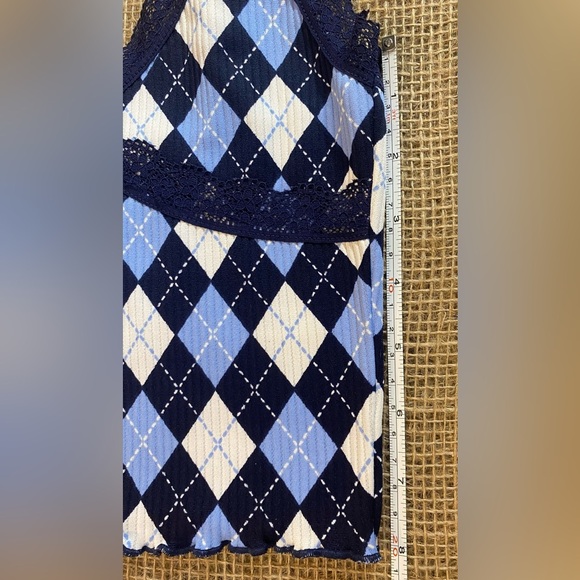 H&M Divided Blue Argyle Cropped Tank Top, Sz XS, Lace Trim, Adjustable Straps, - Picture 2 of 6